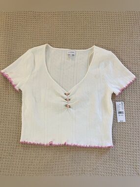 LA hearts pacsun ruffle lettuce pink trim white crop top